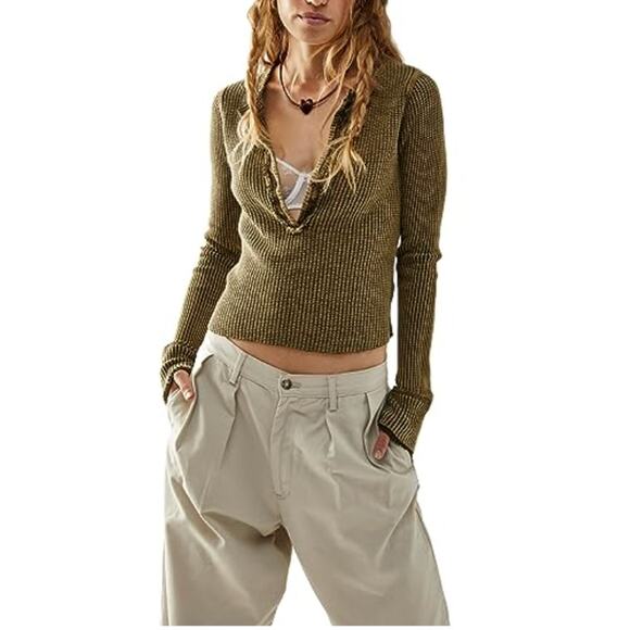 Free People FP One Colt Thermal Button Long Sleeve V Neck Blouse Top XS NEW Boho - Picture 1 of 5